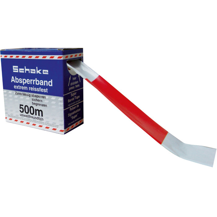 Absperrband, rot/weiß schraffiert, Polyethylen, 2-fach fadenverstärkt, 500m/Rolle 