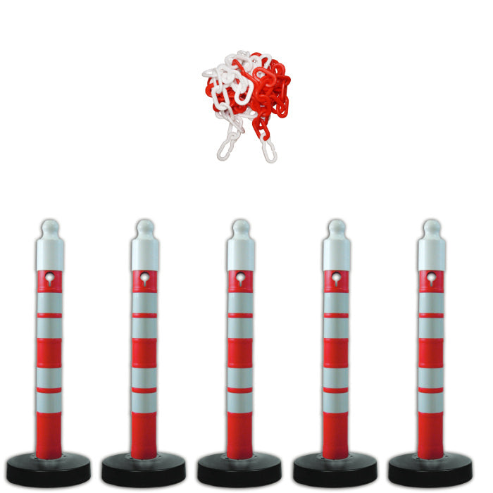 SET aus 5 Kettenpfosten inkl. 25M Kette Ø 7mm, rot/weiß 